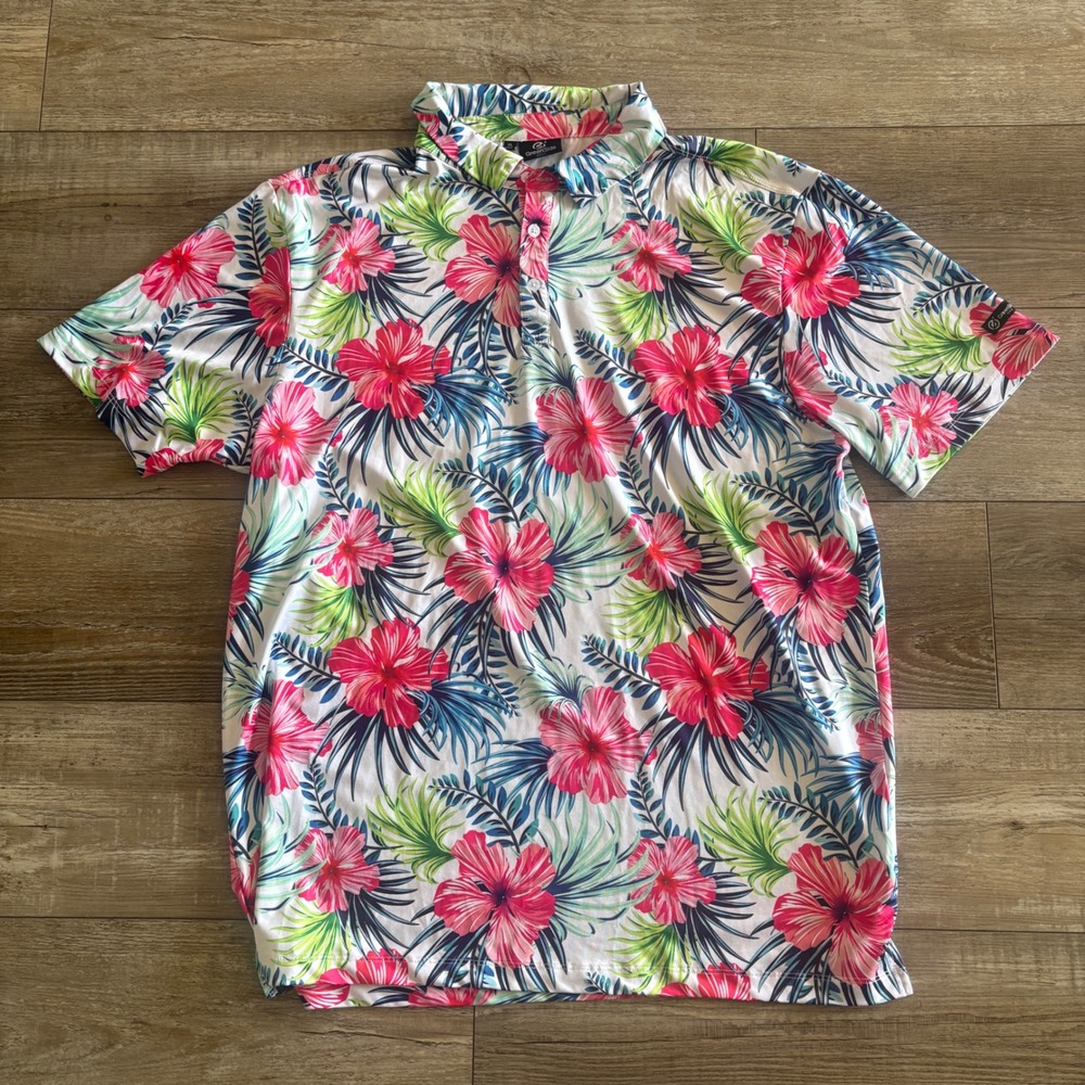 GreenSide Golf Polo Mens XL Hawaiian Floral‎ Tropical Performance Stretch Shirt
